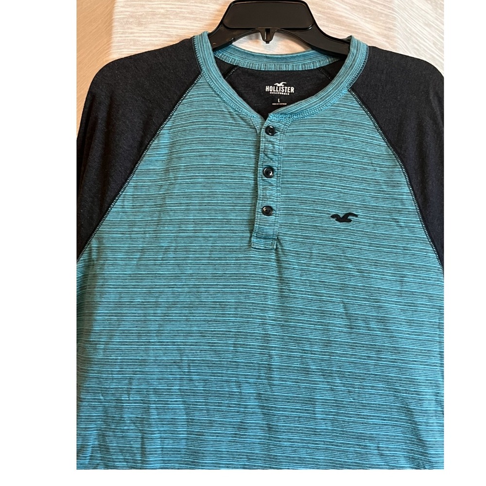 Hollister California Mens L Henley Long‎ Sleeve Blue Striped T Shirt Top